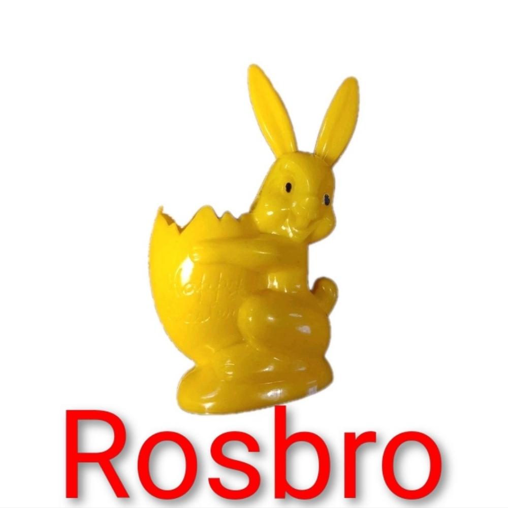 Rosbro Bunny Rabbit Happy Easter Egg Candy Container Toy Yellow Plastic Vintage